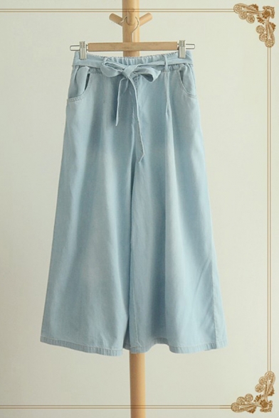 Casual Wide Leg Pants Bow Stitch Pocket Elastic High Rise Oversize Ankle Length Wide Leg Pants for Women