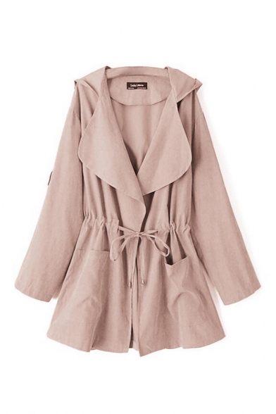 Chic Plain Waterfall Colar Long Sleeve Trench Coat with Belt