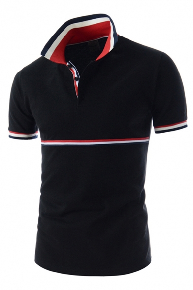 Chic Polo Shirt Horizontal Stripe Print Contrast Trim Spread Collar Short-sleeved Button Detail Slim Polo Shirt for Men