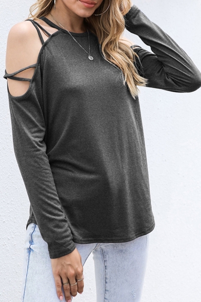 Chic Womens Solid Color Curved Hem Criss-Cross Cold Shoulder Long Sleeve Loose Tee Top