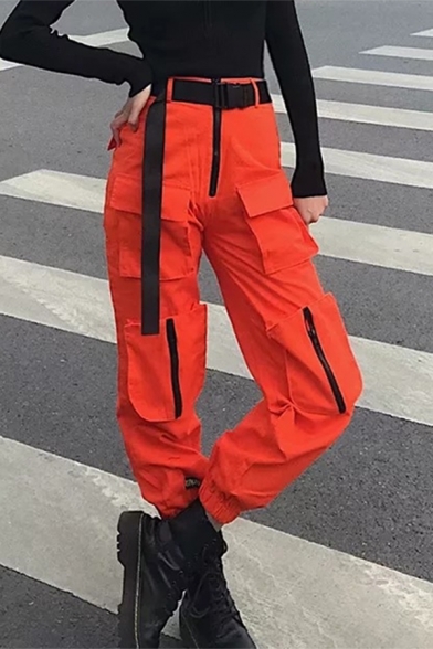 Cool Stylish Street Girls' Mid Rise Buckle Ribbon Patch Side Pocket Contrasted Cuffed Ankle Relaxed Tapered Cargo Pants in Red