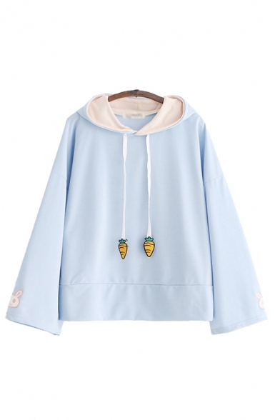 Cute Girls Carrot Embroidered Drawstring Long Sleeve Relaxed Fit Hoodie