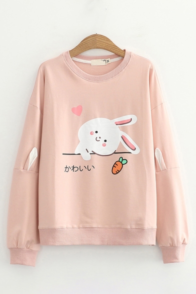 Cute Girls Japanese Letter Rabbit Graphic Ears Panel Long Sleeve Crew Neck Loose Pullover Sweatshirt