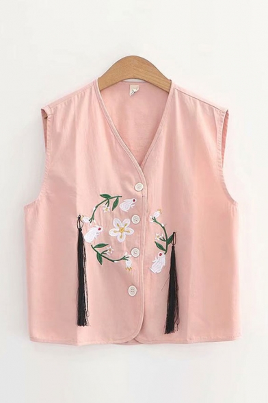 Fashion Ladies Floral Embroidery Tassel Embellished Button Up V Neck Sleeveless Regular Fitted Cardigan Vest