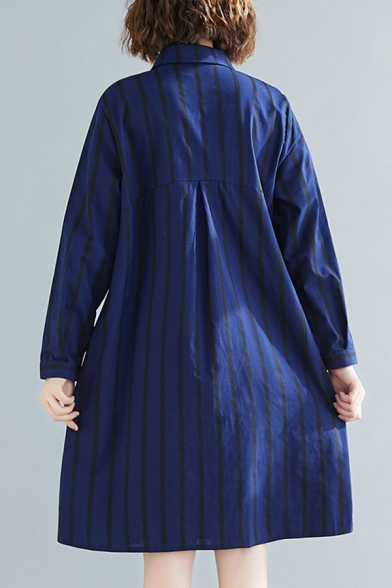 Fashion Stripe Printed Long Sleeve Point Collar Button Up Short A-line Shirt Dress in Blue