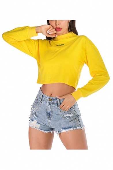 Fashion Yellow Female Glove Sleeve Mock Neck I AM YELLOW Letter Wire Pattern Slim Fit Crop Tee