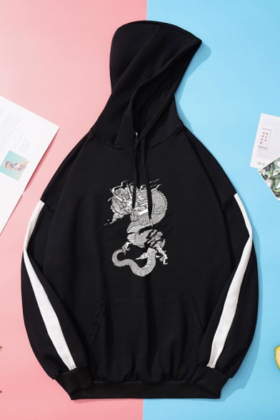 Fashionable Dragon Print Tape Drawstring Kangaroo Pocket Long Sleeve Loose Fit Hooded Sweatshirt