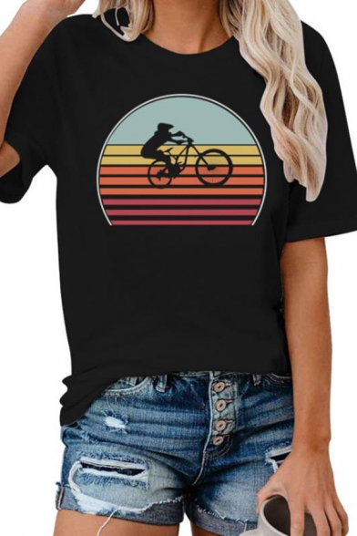 Girls Cool Colorful Stripe Bicycle Printed Short Sleeve Crew Neck Loose Fit T-shirt in Black