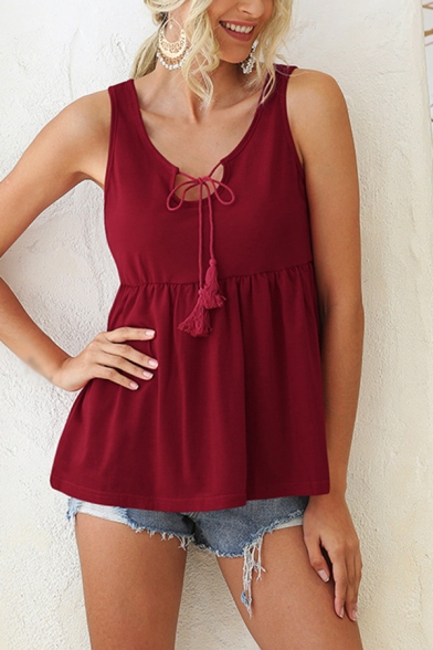 Leisure Girls Sleeveless Bow Tied Neck Ruffled Solid Color Relaxed Tank Top