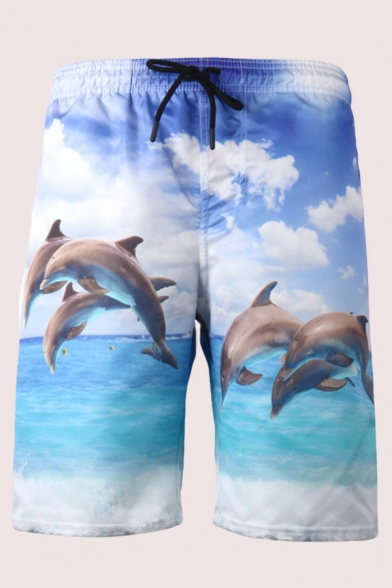Leisure Mens Shorts 3D Animal Dolphin Ocean Sky Coconut Tree Pattern Drawstring over the Knee Fitted Mid Rise Relax Shorts with Pocket