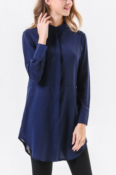 Leisure Womens Solid Color Stand Collar Long Sleeve Regular Fit Tunic Blouse Top in Blue