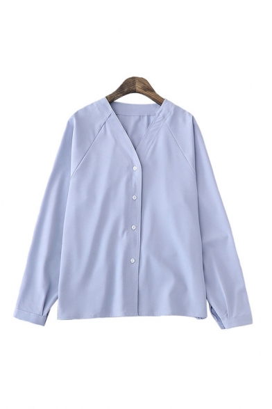 Lovely Girls Solid Color Long Sleeve V-neck Button Up Relaxed Fit Shirt Top