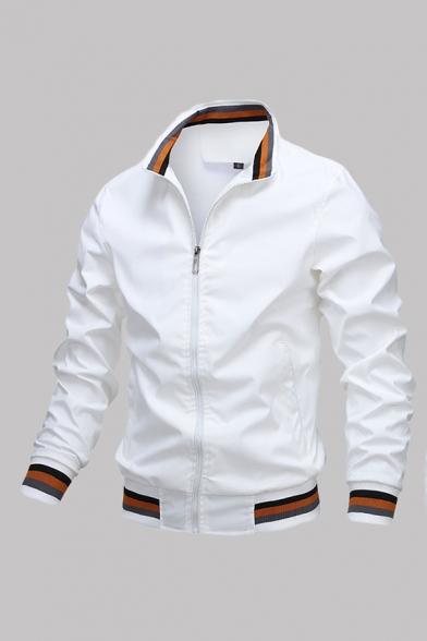 Men's Trendy Jacket Horizontal Stripe Print Zip Placket Long Sleeves Mock Neck Pockets Contrast Trim Regular Fit Sporty Jacket