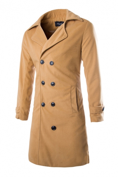 Mens Trench Coat Chic Plain Double-Breasted Button Tab Cuffs Long Sleeve Notched Lapel Collar Slim Fitted Woolen Coat