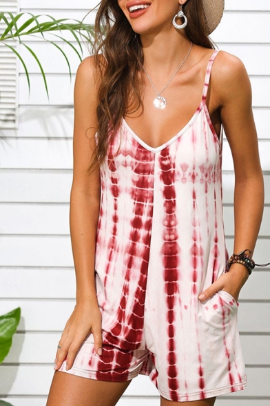 Novelty Womens Rompers Tie Dye Sleeveless Spaghetti Strap Loose Fitted Rompers