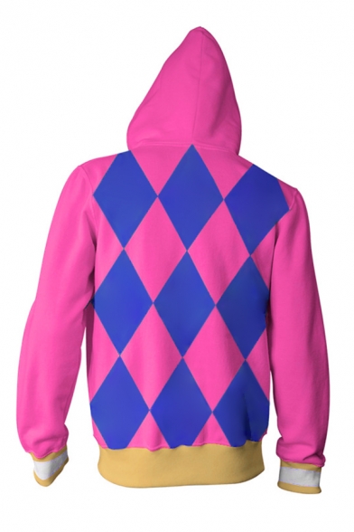 Popular Comic Theme Colorblock Geometric Pattern Drawstring Hooded Long Sleeve Pink Zip Up Hoodie