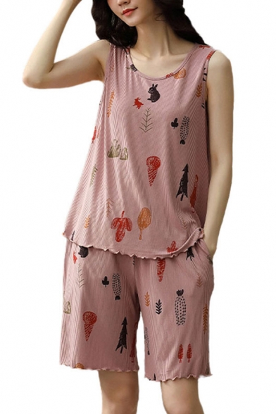 Popular Ladies Cartoon Print Lettuce Trim Scoop Neck Sleeveless Loose Tank Top & Pocket Shorts Pajama Set in Pink
