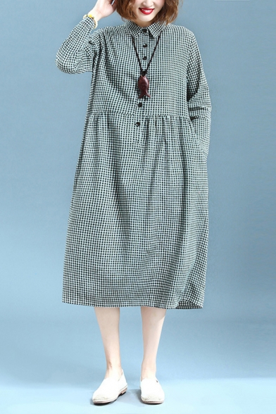 Popular Womens Checkered Pattern Long Sleeve Point Collar Button Up Linen and Cotton Mid Swing Shirt Dress