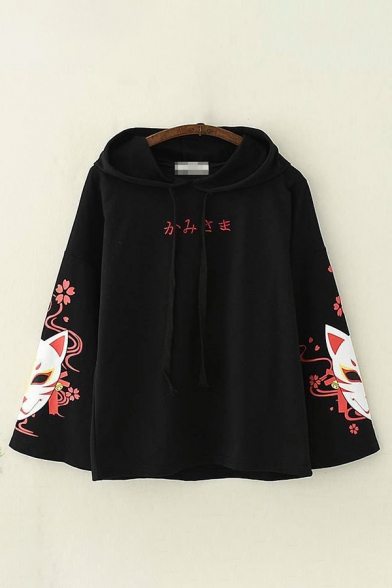 Retro Girls Japanese Letter Embroidered Fox Print Long Sleeve Drawstring Loose Hoodie