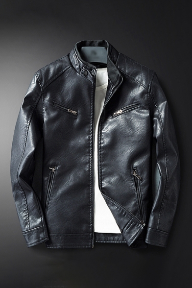 Retro Mens Jacket Buckle Mock Neck Zipper Decorated Long Sleeve Regular Fit Leather Jacket