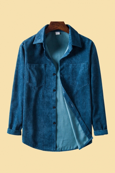 Retro Mens Shirt Plain Corduroy Curved Hem Spread Collar Button-down Regular Fit Long Sleeve Shirt with Chest Pockets