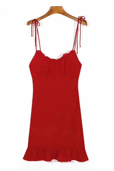 Sexy Ladies Solid Color Bow Tied Shoulder Stringy Selvedge Short A-line Slip Dress