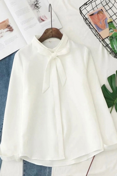Simple White Chiffon Long Sleeve Bow Tied Neck Button Up Curved Hem Relaxed Shirt for Ladies