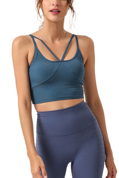 Sportswear Ladies Solid Color Spaghetti Straps Hollow Out Slim Fitted Cropped Cami Top