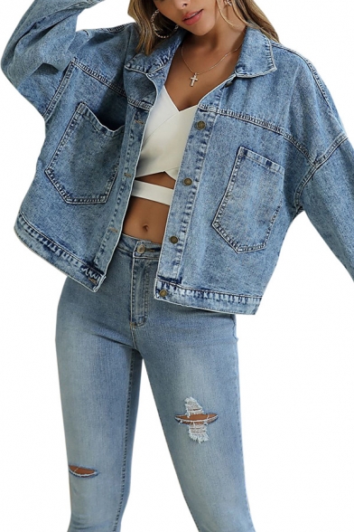 Street Womens Long Sleeve Spread Collar Button-up Pockets Patched Loose Crop Denim Jacket in Blue