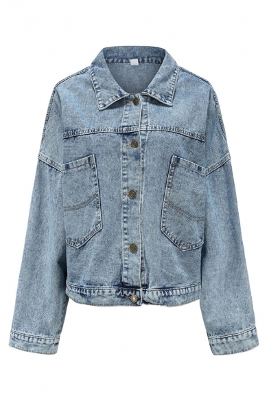 Street Womens Long Sleeve Spread Collar Button-up Pockets Patched Loose Crop Denim Jacket in Blue
