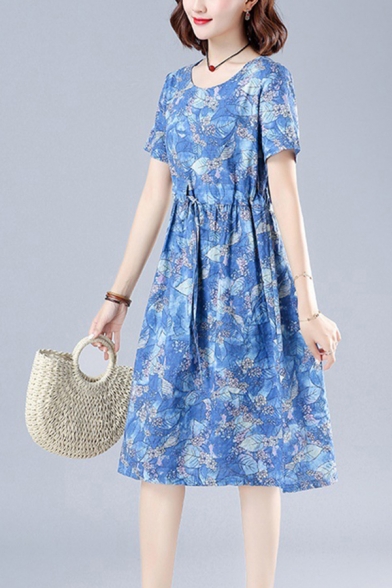 Stylish Plant Printed Drawstring Waist Round Neck Short Sleeve Oversized Midi A-Line Dress for Women