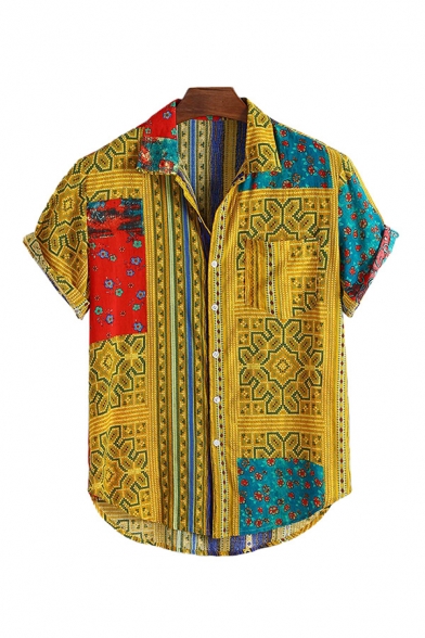 Stylish Shirt Color Block Floral Stripe Geometric Pattern Curved Hem Button up Regular Fit Short-sleeved Spread Collar Shirt for Men