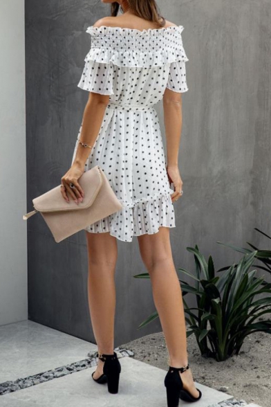 Summer New Stylish Polka Dot Off the Shoulder Puff Short Sleeve Mini White Dress