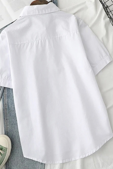 Summer White Short Sleeve Turn Down Collar Bow Tied Button Up Chest Pocket Relaxed Fit Shirt Top