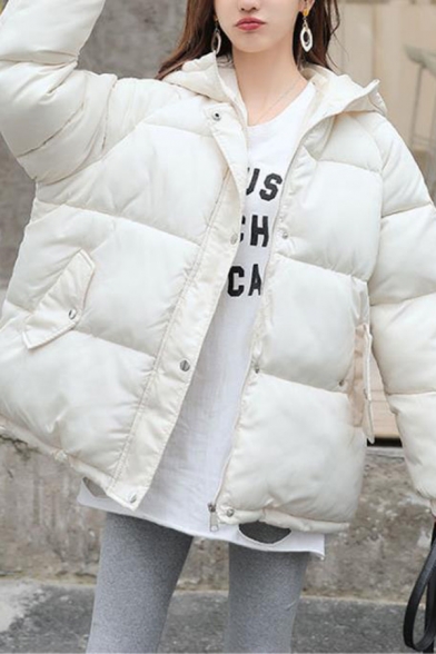Trendy Girls' Long Sleeve Hooded Zipper Press Button Front Baggy Plain Puffer Jacket