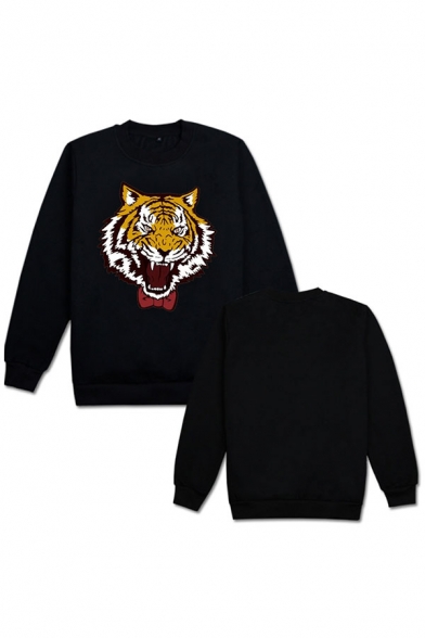Trendy Tiger Pattern Crew Neck Long Sleeve Relaxed Fit Pullover Sweatshirt