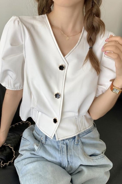V-Neck Single Breasted Button Short Sleeve Plain Shirt