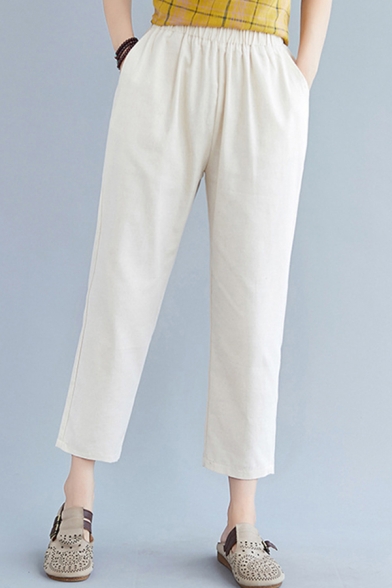 Vintage Ladies Solid Color Linen Elastic Waist Cropped Tapered Fit Pants