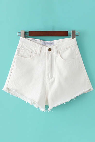

Vintage Womens Shorts Solid Color Frayed Cuffs High Rise Zipper Fly A-Line Regular Fitted Denim Shorts, Black;white;dark blue;light blue, LM698285