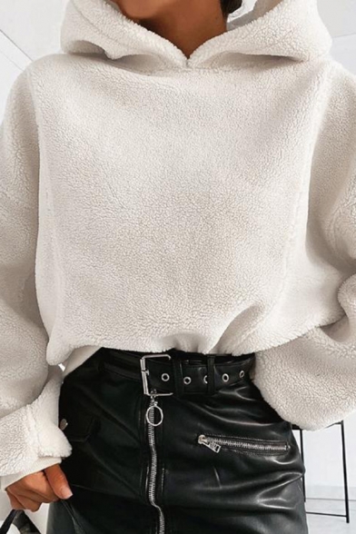 Women Plain White Long Sleeve Loose Fit Soft Fluffy Crop Pullover Hoodie