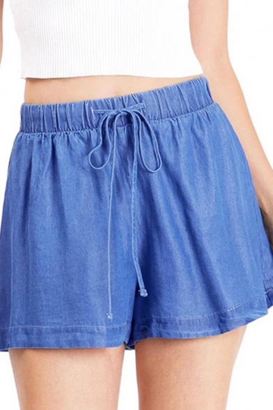 Womens Blue Shorts Stylish Plain Stretch Ice Silk Drawstring Waist Loose Fitted Relaxed Shorts