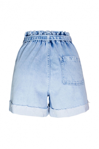 Womens Blue Shorts Trendy Light Wash Roll-up Bow-Tie Elastic Waist Regular Fitted Denim Shorts