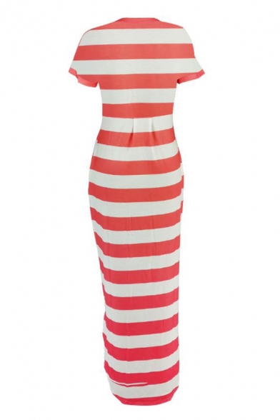 Womens Casual V-Neck Short Sleeve Striped Pockets Slit Loose T-Shirt Maxi Dress