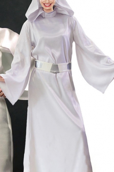 Womens Co-ords Simple Cosplay Princess Leia Large Hood Invisible Zipper Back Velcro Belt Dress Long Wide Sleeve Loose Fitted Co-ords