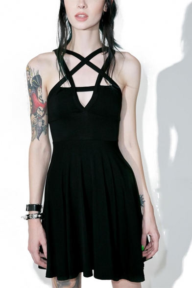 Womens Gothic Punk Moon Pattern Pentagram Hollow-Out Front Sleeveless Mini A-Line Black Dress