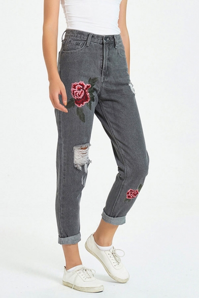 Womens Grey Jeans Chic Light Wash Peony Embroidered Distressed Zipper Fly Ankle Length Slim Fit Tapered Jeans