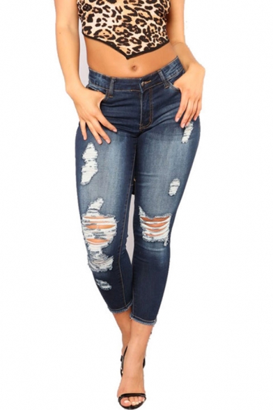 Womens Jeans Fashionable Medium Wash Ripped Frayed Hem Stretch Mention Hip Zipper Fly Cropped Slim Fit Tapered Jeans