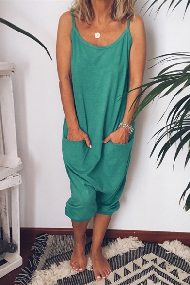 Womens Jumpsuits Trendy Solid Color Dropped Inseam Pockets Sleeveless Scoop Neck Loose Fitted Jumpsuits