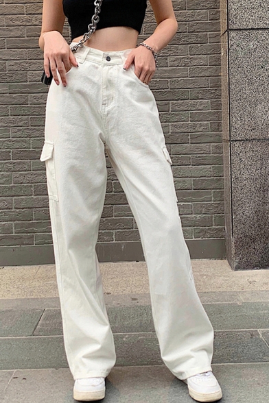 Womens Pants Unique Flap Pockets High Rise Zipper Fly Full Length Loose Fit Straight Relaxed Pants