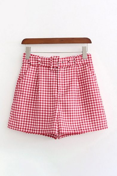 Womens Red Shorts Creative Gingham Pattern Pleated Buckle Belted Regular Fitted A-Line Relaxed Shorts